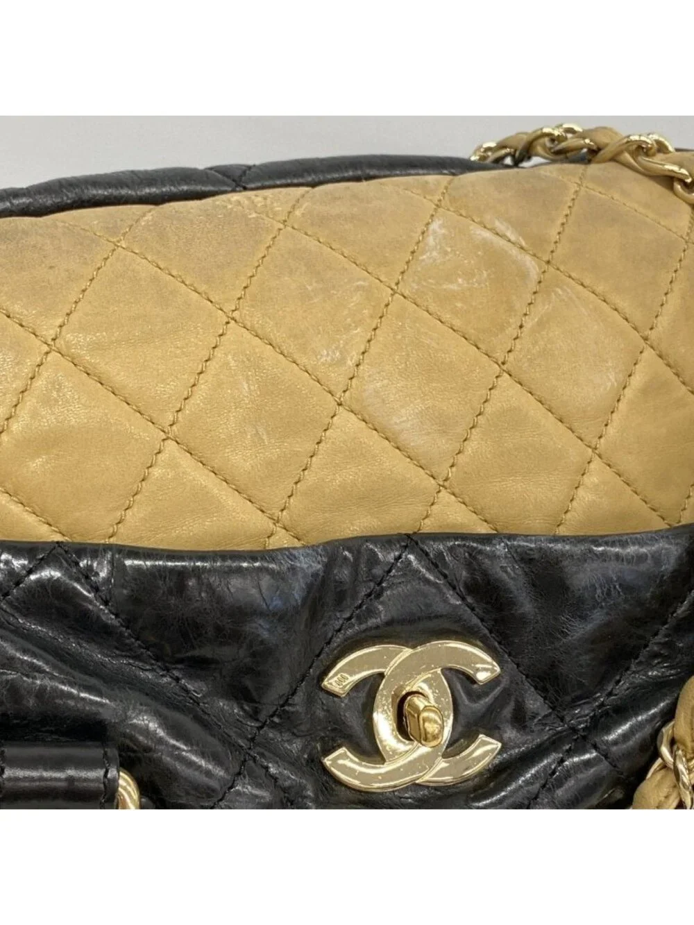 Chanel Tote Calfskin Black Beige Gold 2-Way